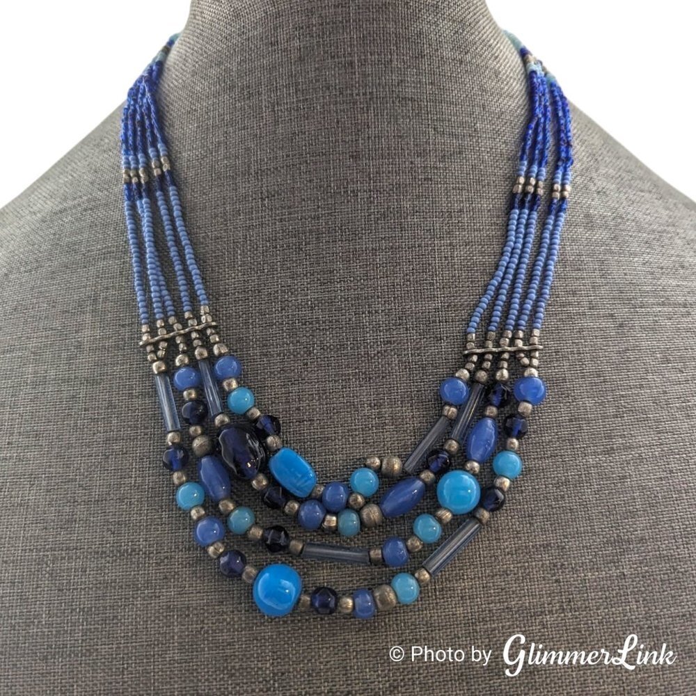 Boho Multi Strand Blue & Silver Tone Seed Bead Artsy Layered Necklace